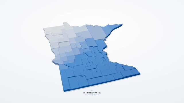 Minnesota USA 3D isometric state map with county borders rotating on a clean white background, the North Star State, seamless loop animation