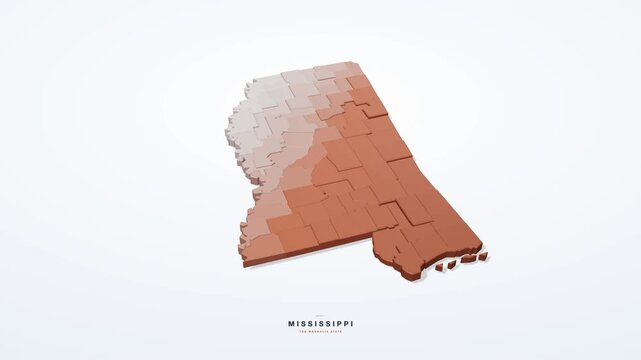 Mississippi USA 3D isometric state map with county borders rotating on a clean white background, the Magnolia State, seamless loop animation