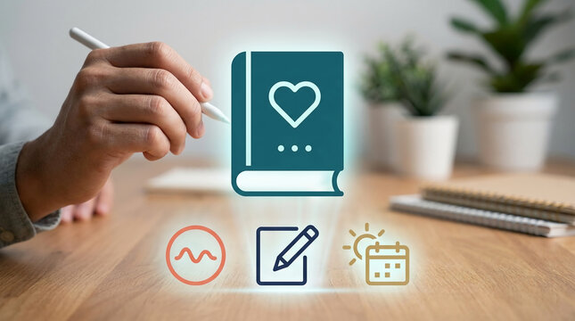 Digital wellness and gratitude journaling concept with person using a stylus to interact with mental health, mood tracking, and diary icons on a desk.