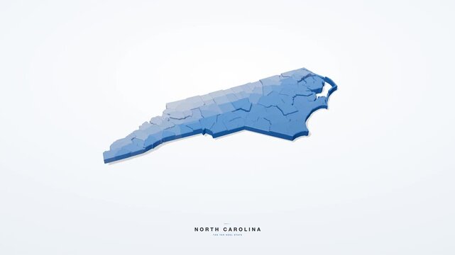 North Carolina USA 3D isometric state map with county borders rotating on a clean white background, the Tar Heel State, seamless loop animation