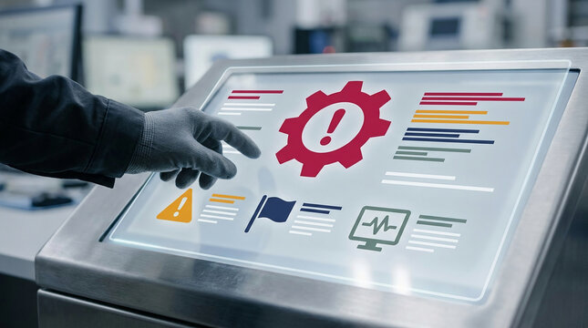 Industrial technician using a modern touch screen control panel displaying an error alert with a red gear icon in a high-tech factory environment.