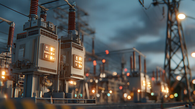 Industrial High Voltage Power Substation Equipment At Sunset With Glowing Lights And Blurred Background