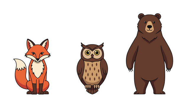 Three cartoon forest animals: a fox, an owl, and a bear, isolated on a white background.