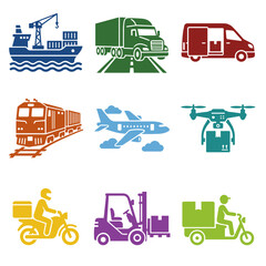 Fototapeta premium Logistic and Transportation Icons Set Showing Global Freight Delivery Methods by Sea Land and Air