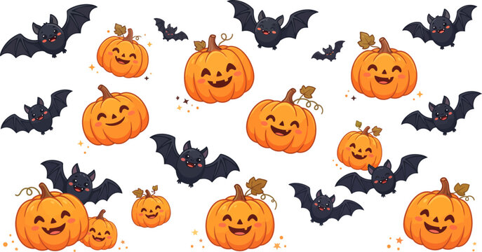 Halloween pattern with cartoon jack-o'-lantern pumpkins and bats