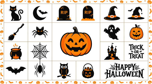 Halloween set with jack-o'-lantern, ghost, witch hat, and spooky symbols
