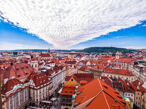 Prague, Czech Republic - September 14, 2012: Panoramic View of Prague Old Town from the Old Town Hall Tower Under Dramatic Altocumulus Clouds
