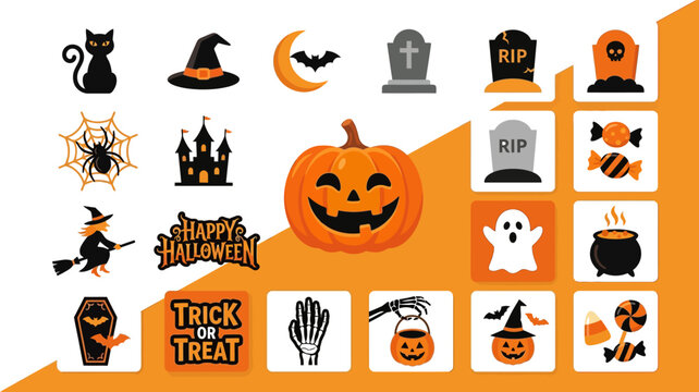 Halloween set with pumpkin, ghost, witch, and spooky symbols
