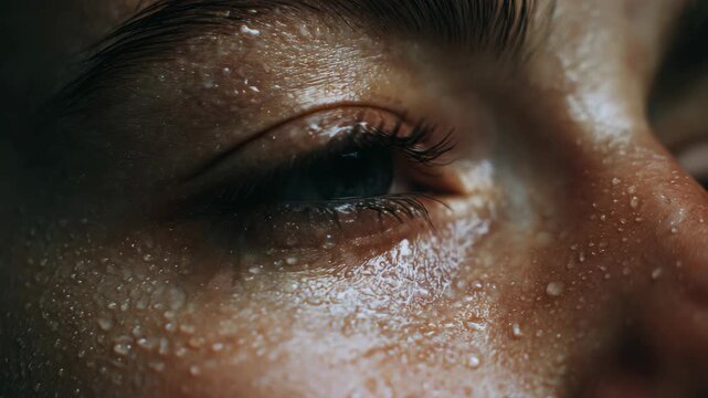 Close-up of a human eye glistening with sweat. Skin texture shows droplets reflecting light. Mouth and brow are slightly blurred in background. Eye color is dark with subtle blue undertones