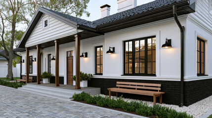 Fototapeta premium Modern white house exterior with black trim, wooden columns, large windows, outdoor lighting, and landscaped front yard create welcoming