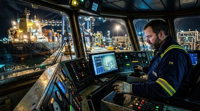 Man operating controls in ship's bridge at night, with large cargo ship docked at industrial port in background