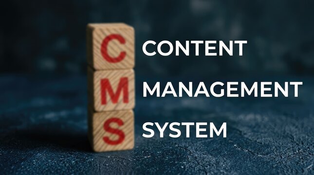 Wooden block stack displaying content management system concept on dark background with close up three wooden blocks stacked vertically red letters spelling CMS