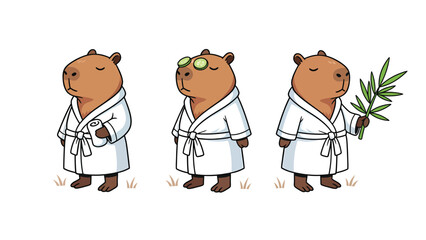 Fototapeta premium Three cute capybaras in white bathrobes enjoying a spa day with cucumber slices and a plant.