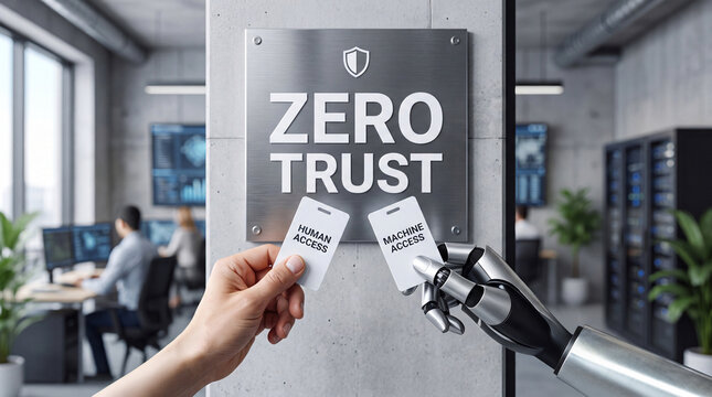 Human and robot hands showing access cards for zero trust security.