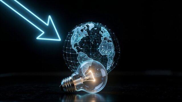 Global energy decline symbolized by glowing arrow and lit bulb against digital Earth.