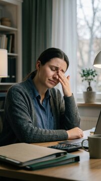 Young Woman Exhausted At Desk After Long Hours Of Work Or Study