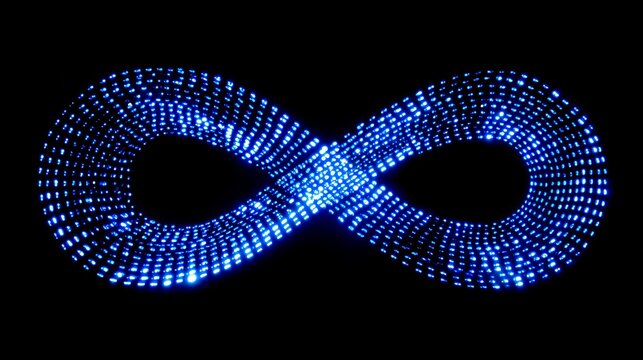 Blue glowing neon infinity symbol made of light particles on black background representing endless loop eternal continuity and unlimited energy concept.