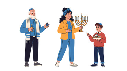 Obraz premium A Jewish family celebrates Hanukkah, lighting the menorah and sharing sufganiyot.