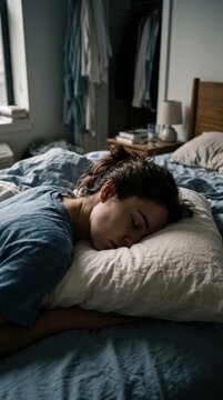 Young Woman Sleeping Peacefully In A Comfortable Bed During The Day