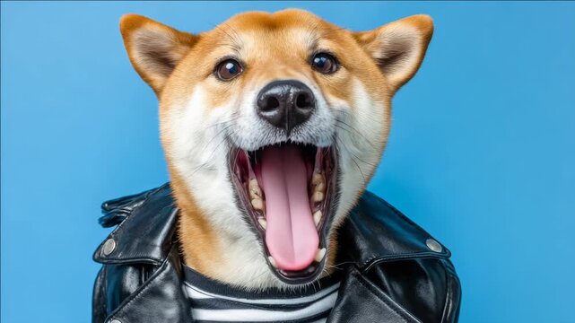 A stylish dog wearing a leather jacket and striped shirt, striking a pose with its mouth wide open.