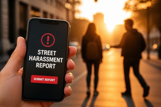 Street harassment report app on smartphone with safety warning and blurred crowd