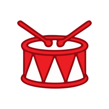 Red drum with drumsticks vector icon illustration isolated on white background for musical instrument, parade, or festival design