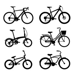 Obraz premium Set of various bicycle silhouettes including road mountain folding and cruiser bikes.