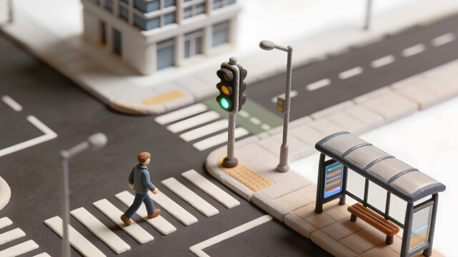 Pedestrian crossing at a smart city intersection with traffic lights and a bus stop, showcasing urban mobility, road safety, walkable streets, and sustainable transportation.
