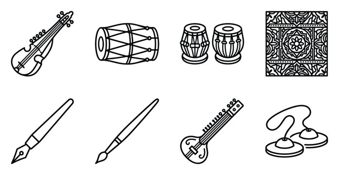14th August Pakistan Independence Day traditional musical instruments and calligraphy tools vector set, Pakistani cultural heritage dhol tabla rubab line art icons for patriotic celebration