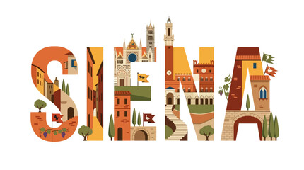 Fototapeta premium Siena Italy typography illustration with famous landmarks and architectural elements. EPS Editable. Vector Illustrations.