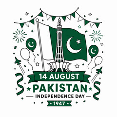 Naklejka premium Happy Pakistan Independence Day 14 August typography badge with Minar e Pakistan tower, waving green national flag, jet fighters, balloons, and fireworks, flat outline vector illustration09