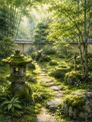 Fototapeta premium Sunlit Japanese Zen Garden with Mossy Stone Path and Bamboo Water Fountain, Watercolor Illustration