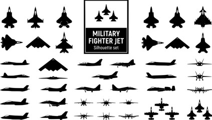 Fototapeta premium Military Fighter Jet Aircraft Silhouette Set Black White Aviation Bundle Vector Illustration Isolated White Background