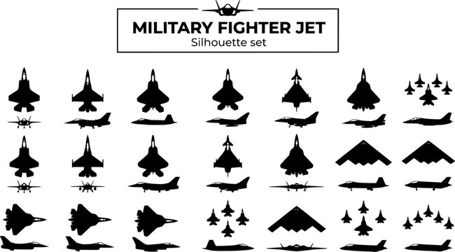 Military Fighter Jet Aircraft Silhouette Set Black White Aviation Bundle Vector Illustration Isolated White Background