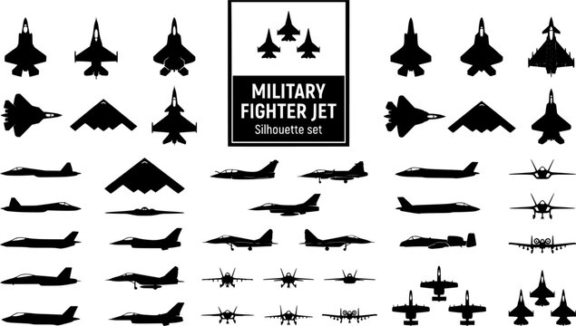 Military Fighter Jet Aircraft Silhouette Set Black White Aviation Bundle Vector Illustration Isolated White Background