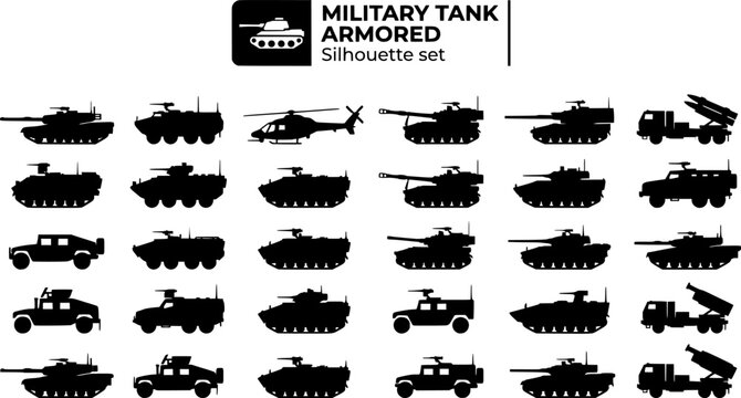 Military Tank Armored Vehicle Silhouette Set Black White Defense Bundle Vector Illustration Isolated White Background