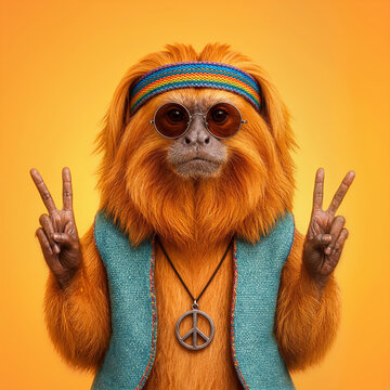 Golden lion tamarin dressed as a hippie with sunglasses, rainbow headband, peace necklace and victory signs. 1960s counterculture, freedom, animal portrait and humor concept