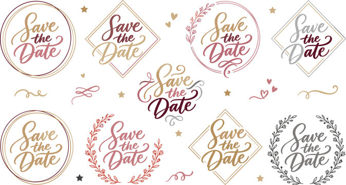 Save the Date Elegant Typography Badge Set with Calligraphy Script Wreaths and Frames for Wedding Cards