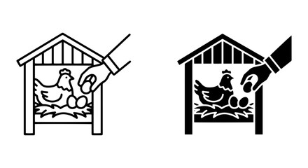 Chicken Coop Egg Collection Icons, Farm Animal Nesting Box, Hand Gathering Fresh Eggs © md