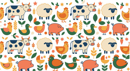 Fototapeta premium World Farm Animals Day Seamless Pattern with Cow Sheep Pig and Poultry Background