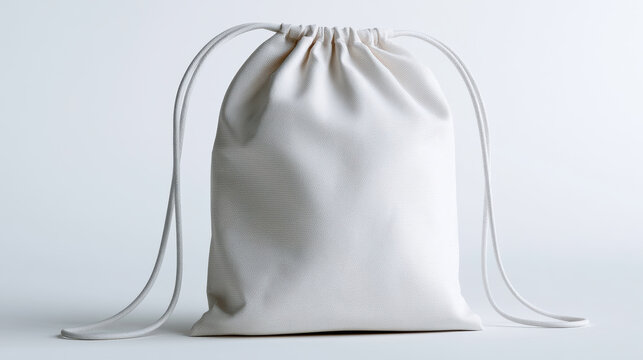 Plain white canvas drawstring bag with soft texture, minimalist style, isolated on light background, practical and versatile accessory