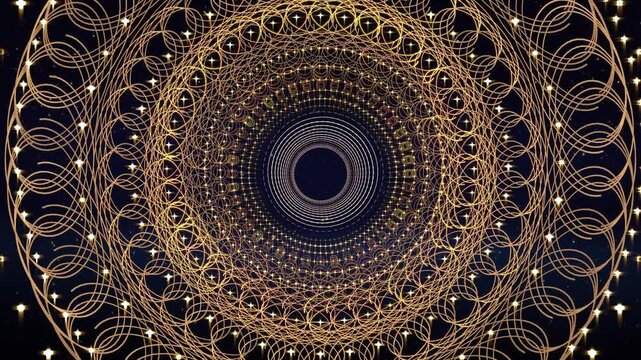 Abstract golden mandala animation with rotating intricate geometric patterns and glowing lines in dark space.