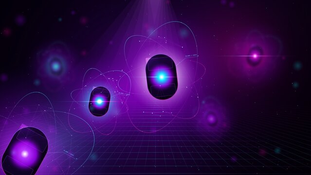 Surreal Augmented Reality Mapping Grid Pods Floating in Electric Neon Violet Atmospheric Space High End 3D Concept Abstract