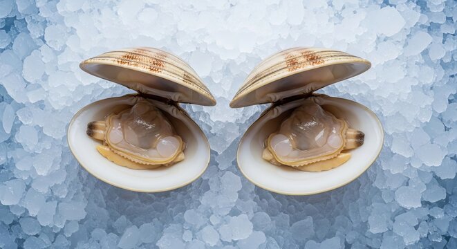 Pristine open clam shells rest on crushed ice, showcasing succulent meat and pearly interiors for gourmet seafood culinary presentations, mollusk, shellfish, bivalve