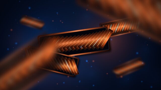 Floating organic louver facade shading panel chassis with burnished copper finish in duotone cobalt orange cinematic volumetric fog