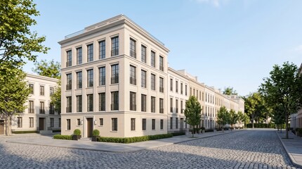Naklejka premium Light brick apartment building on cobblestone residential street