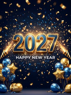 Vertical party poster for Happy New Year 2027 with metallic blue 2027 text, gold and blue balloons, star balloons, and falling confetti on a dark navy blue background.