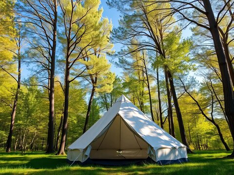 Tent surrounded by tall trees with leaves rustling in wind, outdoors, greenery