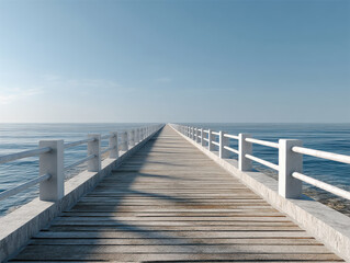 Fototapeta premium Long wooden bridge white railing blue sky calm sea horizon perspective tranquil outdoor travel summer peaceful