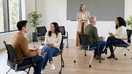 Fototapeta premium Adult Students Practicing Conversation Partner Rotation In Classroom